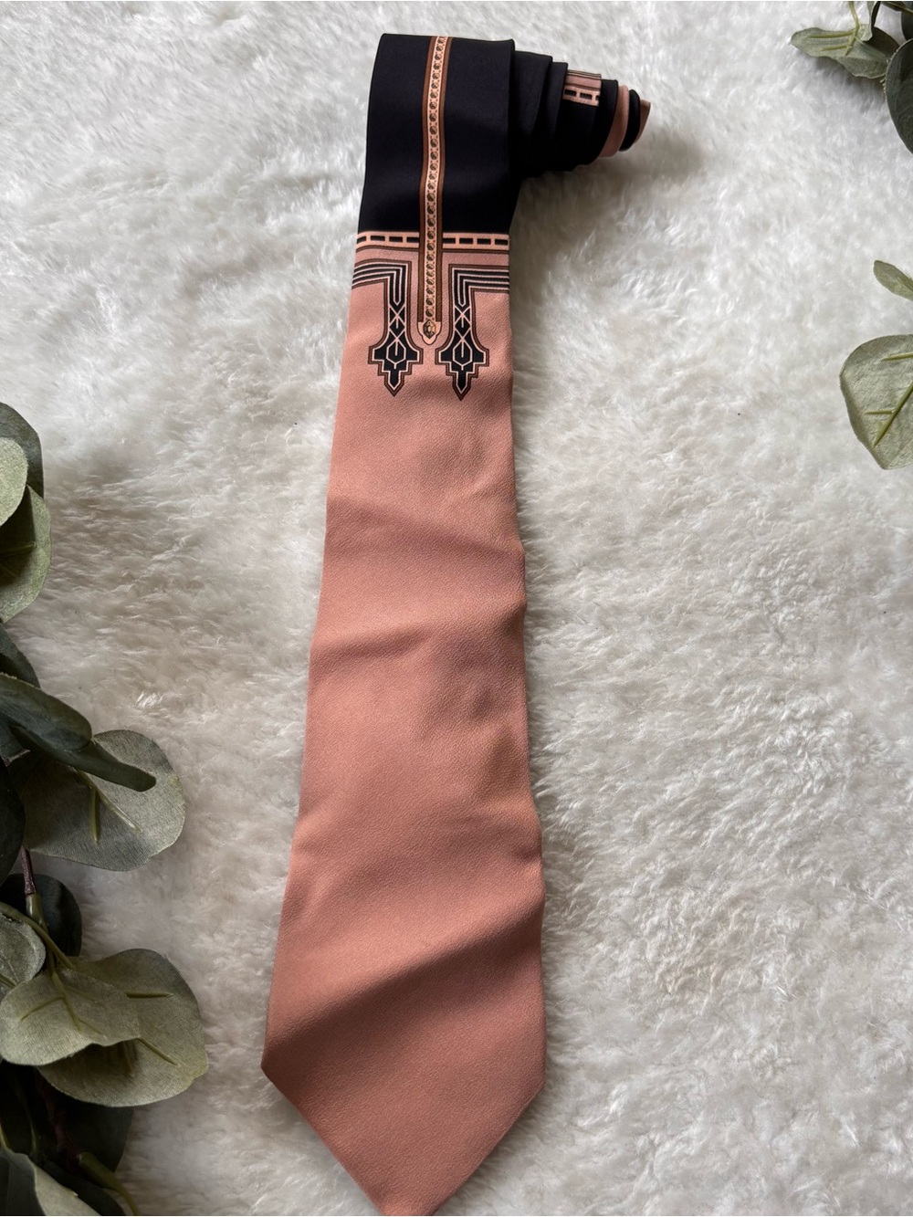 Vintage Napoleon Silk Peach and Black Patterned Tie - Elegant Formal Accent